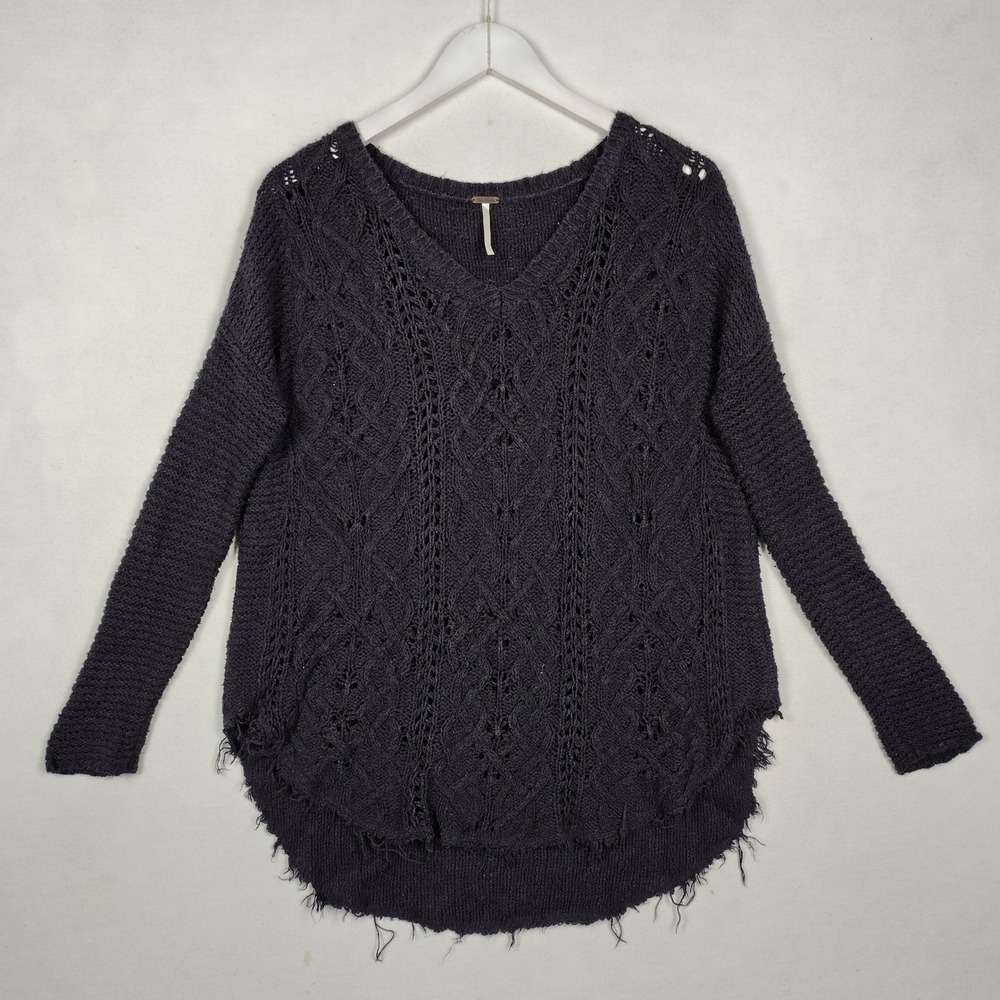 Free People V-Neck Pointelle Knit Sweater Purple Frayed Hem Oversized Small